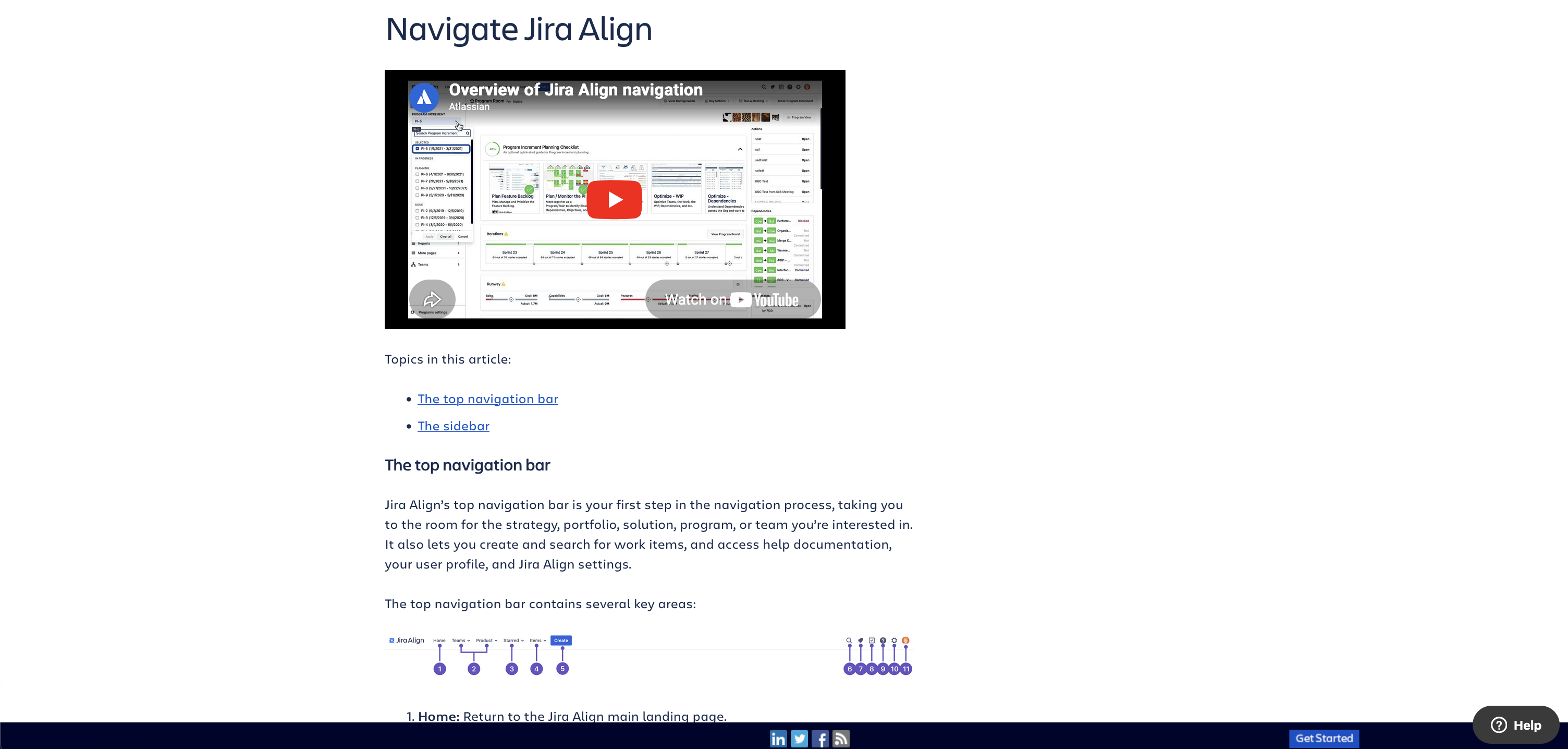 Screenshot of an article in Zendesk, titled Navigate Jira Align. The article includes written, video, and diagram guidance to explain how to use the navigation